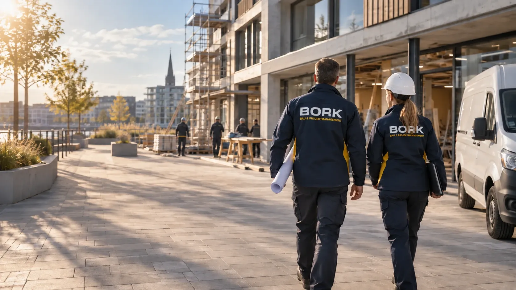 Baustelle im Raum Bremen, im Vordergrund zwei Personen in Arbeitskleidung mit Bauplan